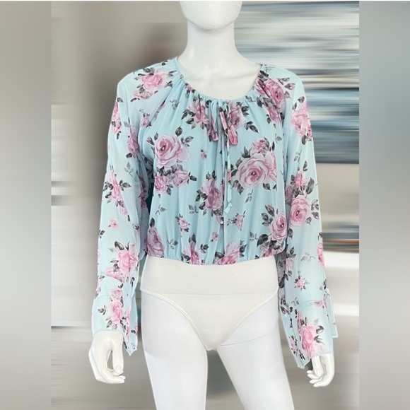 PEACH LOVE CALIFORNIA floral print bodysuit sheer bell sleeve size Large - Picture 13 of 16